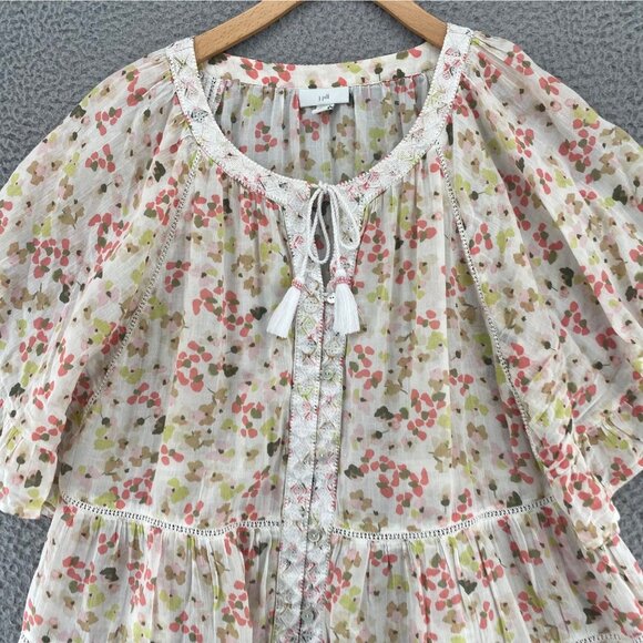J Jill Top Womens Medium Tall Pink Multi Floral Peasant Short Flutter Sleeves - Picture 2 of 10